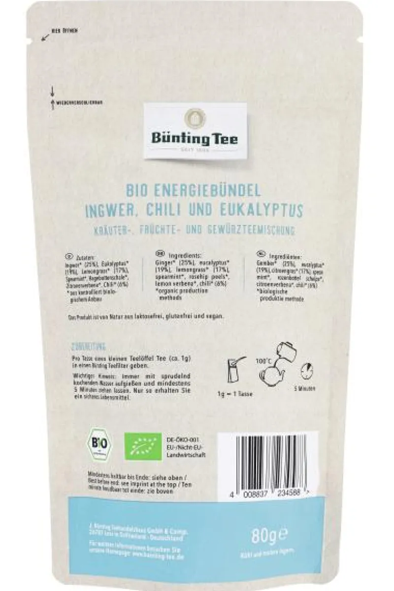 Kräutertee|Bünting Tee Bio Energiebündel Ingwer, Chili und Eukalyptus80 g