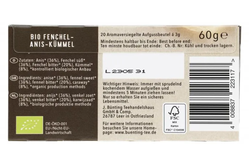 Kräutertee|Bünting Tee Bio Fenchel-Anis-Kümmel20 x 3 g