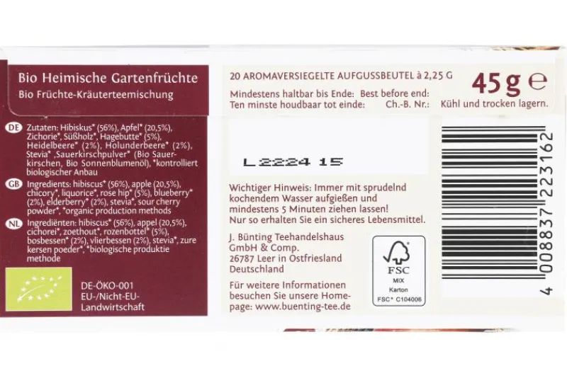 Früchtetee|Bünting Tee Bio Heimische Gartenfrüchte20 x 2,25 g