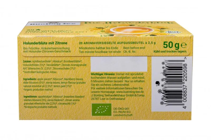 Blütentee|Bünting Tee Bio Holunderblüte mit Zitrone20 x 2,50 g