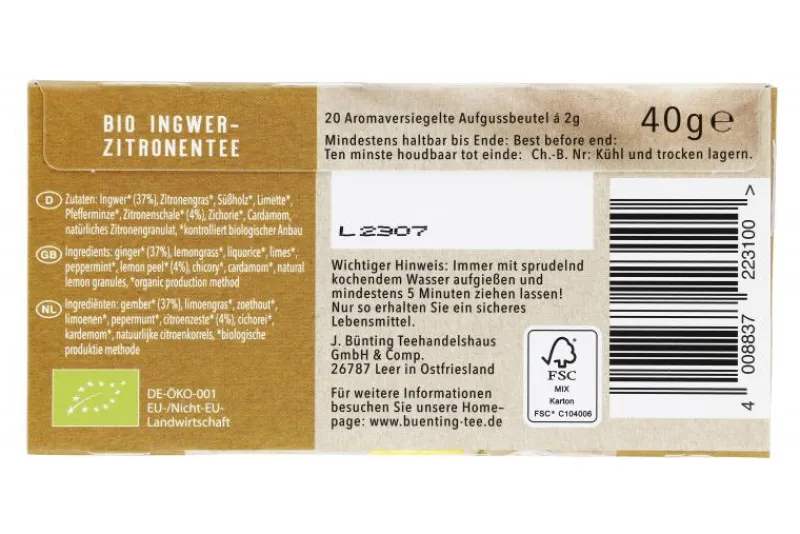 Kräutertee|Bünting Tee Bio Ingwer-Zitrone20 x 2 g