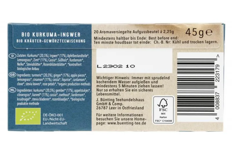 Kräutertee|Bünting Tee Bio Kurkuma-Ingwer20 x 2,25 g