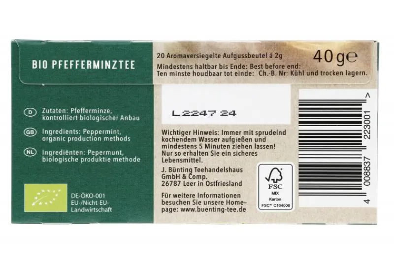 Kräutertee|Bünting Tee Bio Pfefferminze20 x 2 g