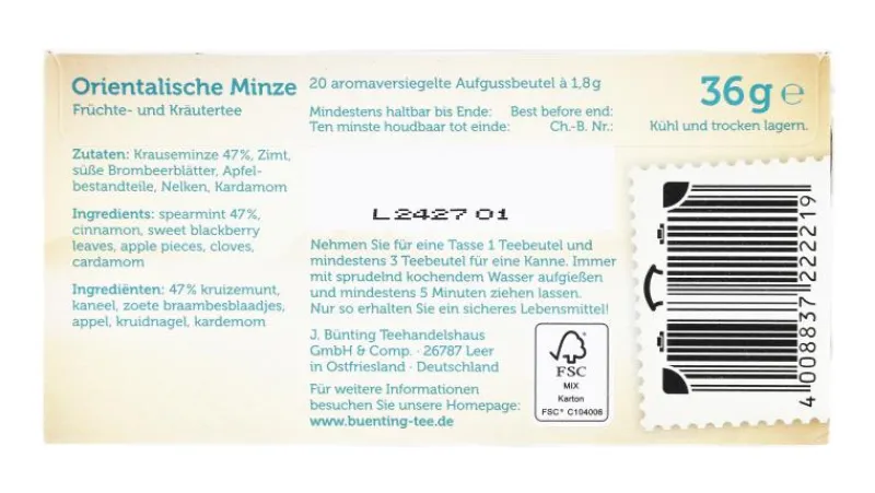 Kräutertee|Bünting Tee Orientalische Minze20 x 1,80 g