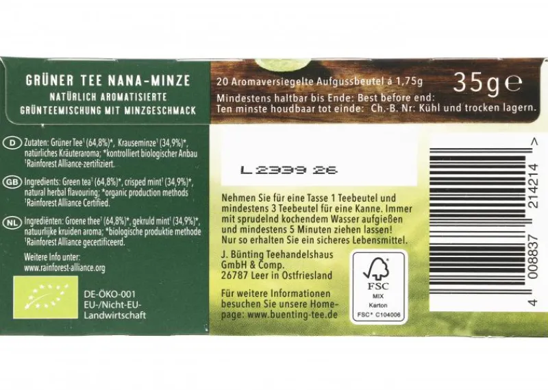 Grüntee|Bünting Tee Premium Bio Grüner Tee Nana-Minze20 x 1,75 g