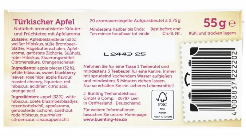 Früchtetee|Bünting Tee Türkischer Apfel20 x 2,75 g
