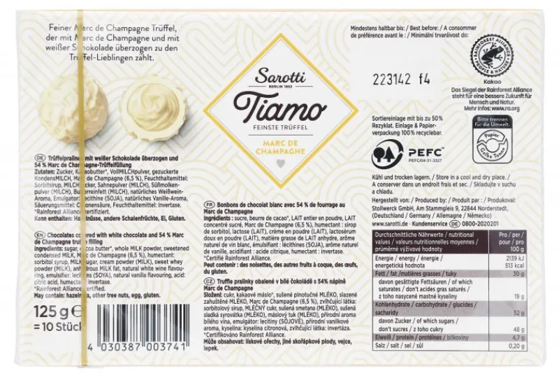 Gebäck & Schokolade|Bünting Tee Sarotti Tiamo Marc de Champagne Trüffel125 g